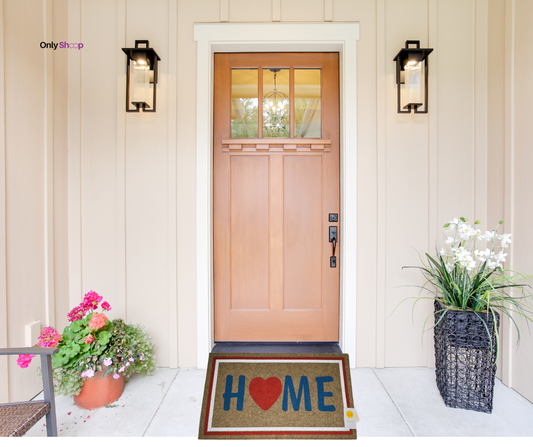 Alfombra Decorativa “HOME” – Marrón con Detalles en Rojo y Blanco